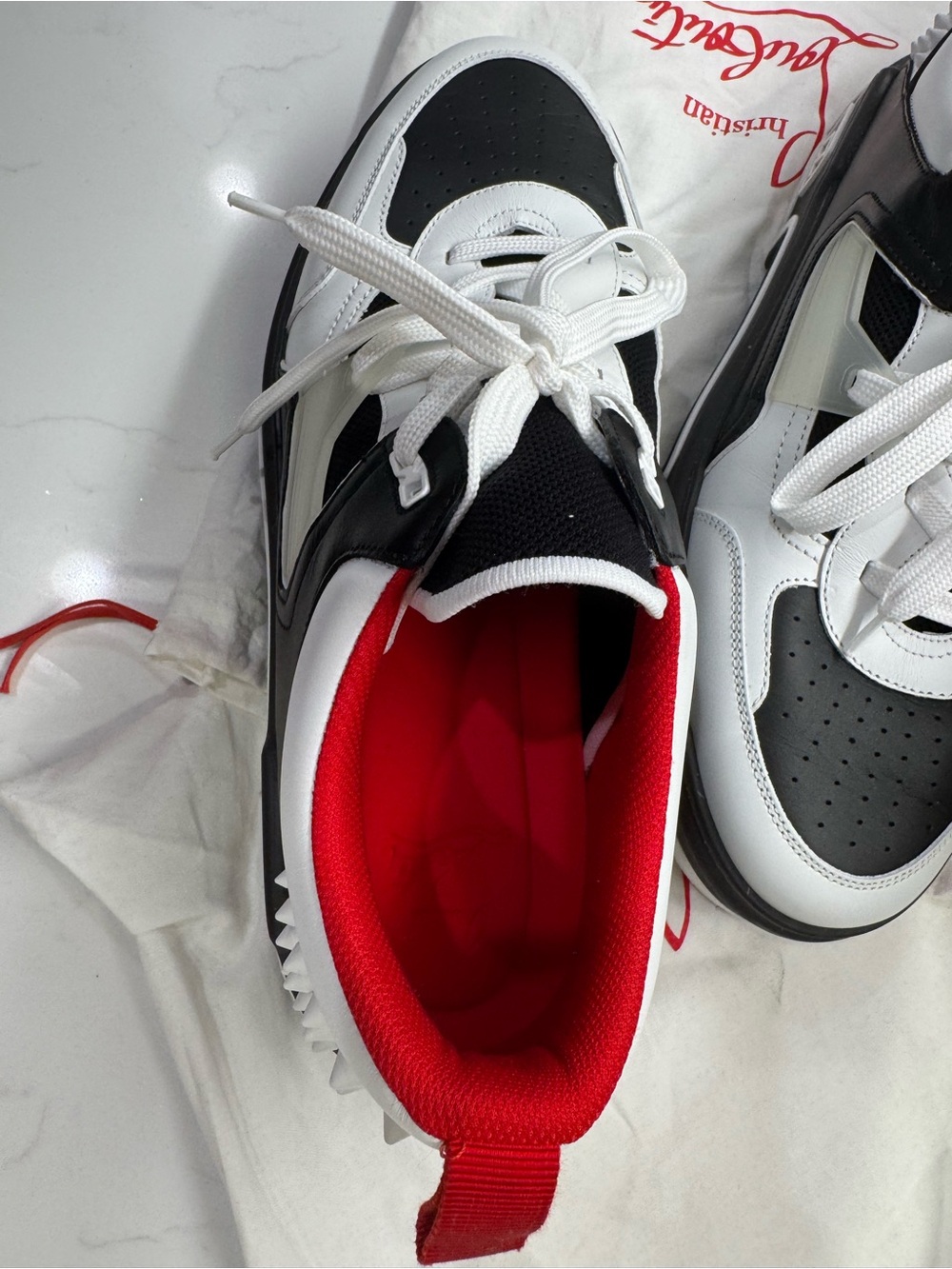 Christian Louboutin Black White Red Low-Top Lace-Up Sneaker - Picture 4 of 12